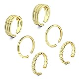 TOKRING 6PCS Adjustable Toe Rings for Women, 2mm Flower Arrow Band Open Tail Toe Ring Set, Women Beach Barefoot Foot Jewelry Set for Summer Sandals, Gold