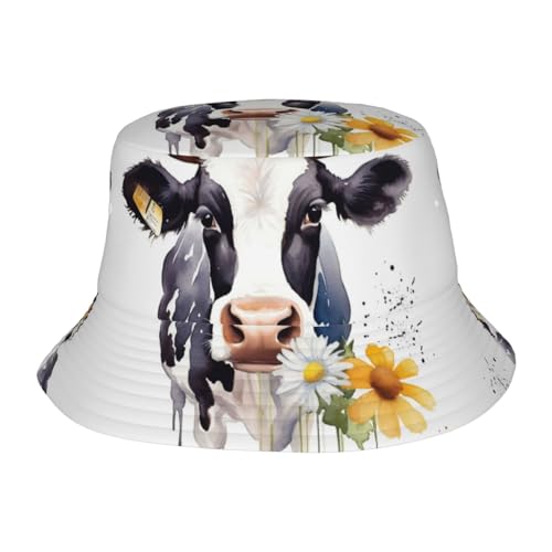 Unisex Cute Bucket Hat Watercolor Cow and Daisy Flower Summer Travel Fisherman Cap Beach Travel Sun Hat Outdoor Cap Black