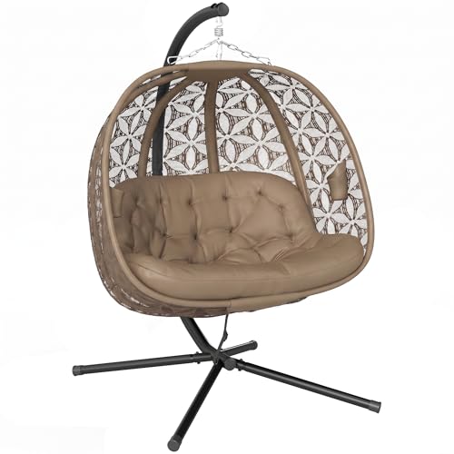 Outsunny Outdoor Double Hanging Chair Swing Chair with Metal Stand Thick Padded Cushion Foldable Basket and Cup Holders for Indoor and Outdoor Sand Brown