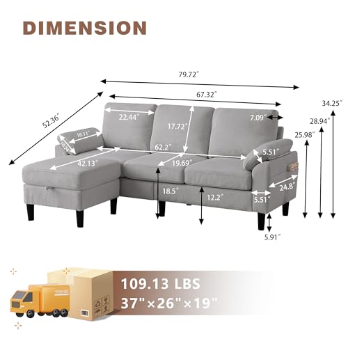 Image of 80''L Shaped Sectional Sofa Couch, 3 Seater Corduroy Sofa with Storage Ottoman, Removable & Washable Cushion Covers, Side Pockets, Modern L Couch for Living Room, Light Grey