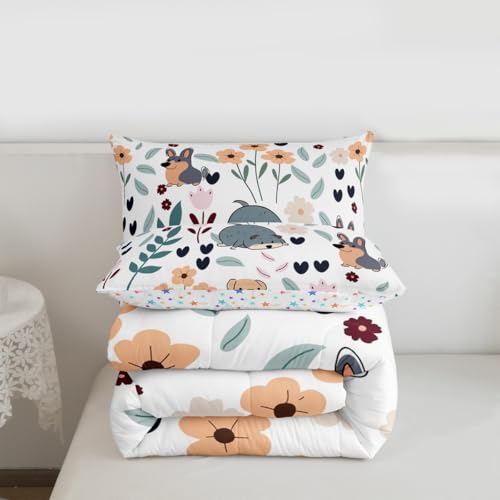 Image of Feelyou Cartoon Dog Comforter Set Toddler Size, Puppy Dog Bedding Set for Kids Boys Girls Dogs and Flowers Bedding Set Botanical Plant Duvet Set Durable Quilt Set