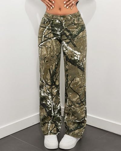 Women Camouflage Cargo Pants Low Waist Baggy Straight Wide Leg Trousers Jeans Slim Fit Pocket Sweatpants3