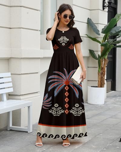 Image of COSSEN Women's Crew Neck Short Sleeve Maxi Dress with Pockets Casual Loose Swing for Wedding Guest Beach Vacation
