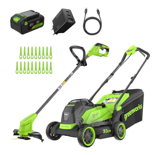 Greenworks 24V Tagliaerba a batteria,larghezza di taglio 33 cm fino a 280 m² e Tagliabordi senza fili con testa di alimentazione automatica, con 1 batteria 4Ah e caricabatteria - MTCK24B410-01