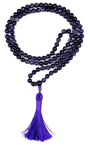 Handmade Amethyst Mala Beads Necklace - 8mm 108 Beads - Pisces Birthstone - Crown Chakra