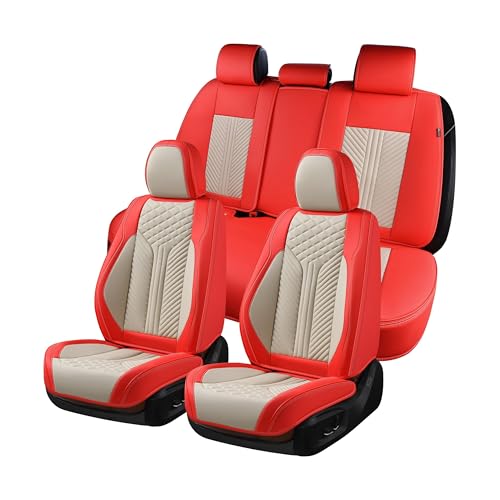 Image of Coverado Leather Car Seat Covers Full Set, 5 Seats Seat Covers for Cars, Waterproof Car Seat Cushions, Front and Rear Seat Protectors Universal Fit Most Vehicles (Red&Beige)