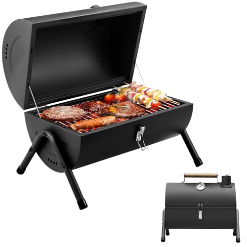 Barbacoa portátil para barbacoa, parrilla para ahumador, asa de transporte de madera, medidor de temperatura y rejillas de ventilación laterales, ideal para playa, barco, caravana, jardín, fiesta o