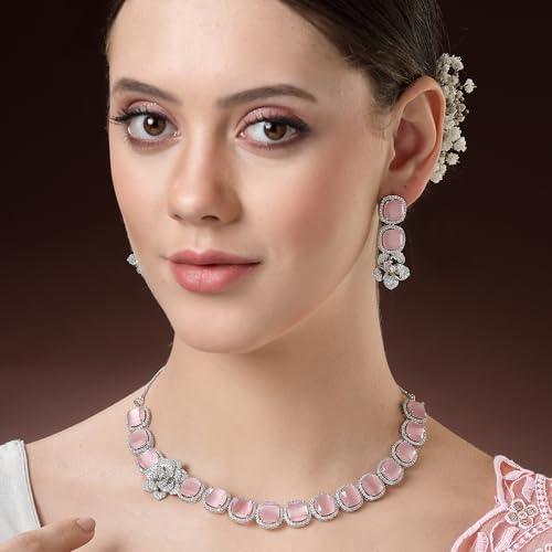 Image of ZENEME Jewellery Set Classic Style Rhodium Plated AD /American Diamond Studded Silver Plated Bejeweled Rose Necklace Jewellery Set for Women & Girls