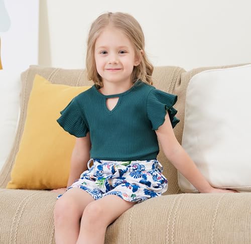 Image of Axumity Toddler Girl Clothes Outfits Tropical Print Short Sleeve Top + Belted Floral Shorts 2PC Summer Clothing Set(7-8T)