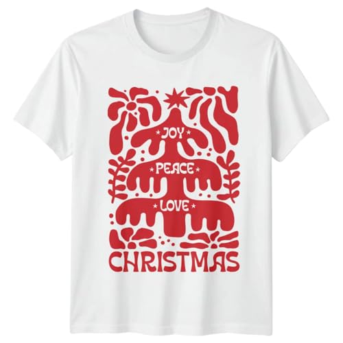 Image of Joy Peace Love Christmas Tree Christmas Holidays Mens T-Shirt Womens Graphic Tee Unisex Top Abstract Art Design 5XL White