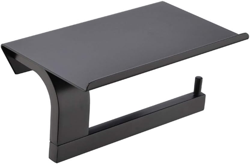 Toilet Paper Holder with Phone Holder Shelf Stand Matte Black, Wall Mounted Bathroom Accessories Decor 304 Stainless Steel Modern Paper Towel Holder Plus Cell Phone Storage