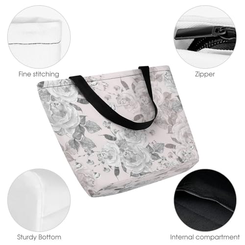Sac de shopping pour voyage fleur gris blanc pratique - 3
