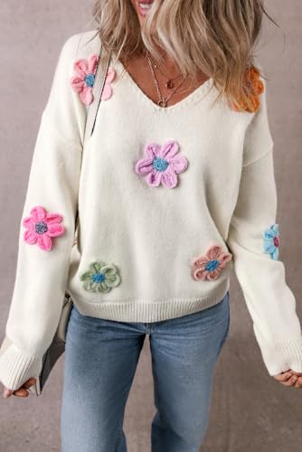 Ecosunny Sweaters for Women 2024 Long Sleeve V Neck Crochet Flower Sweater Pullover Tops Trendy Knit4