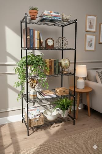 Image of IRON LANDS 5 Tier Shelf Heavy Duty Multipurpose Storage Stand - Metal Rack Kitchen Organizer | Bathroom Countertop, Microwave Oven Stand for Modular Kitchen, Living Room, Bedroom & Office (Black)