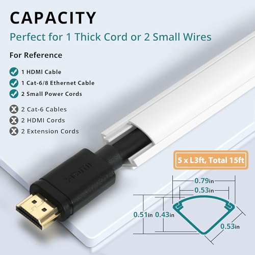 Image of ZhiYo 15ft Corner Cable Hider for 1 Cord, Hide Wires on Wall Corner, White | Self-Adhesive Cable Concealer, 5 Pack (3ft Each), Quarter Round Cable Management Raceway for Baseboards & Ceiling Corners