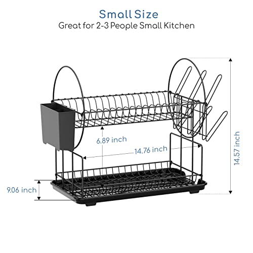 Gslife Small Dish Drying Rack - 2-Tier With Drainboard, Utensils Holder, Glass Holder For Kitchen Counter, Tiered Drainer Space, Black #TOP3