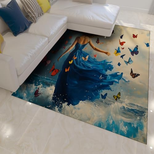 Tapis doux antidérapant bleu lavable design papillon élégant - 3