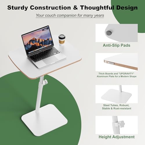 Height Adjustable End Table - Small Couch Side Table for Small Spaces Modern C Shaped Bedside End Table for Laptop, White Wood Table Living Room Bathroom Home Use