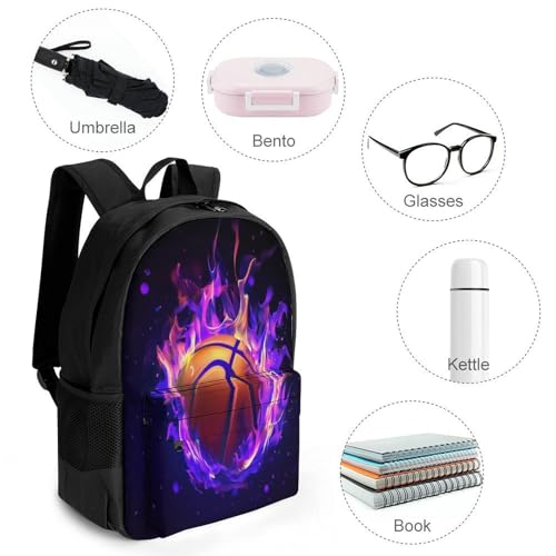 Men's Cool Purple Fire Flame Basketball Travel Backpack, Breathable Adjustable Strap Shoulder Bag for Climbing, Large Capacity Backpack with Side Pockets4