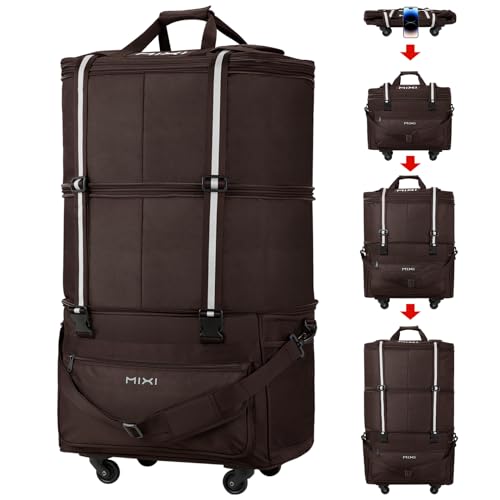 mixi Travel Bag with Wheels Expandable Foldable Luggage Bag Collapsible Rolling Travel Duffel Bags Large Capacity Suitcase for Men Women, Brown