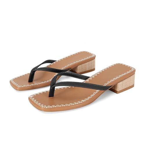 Image of DOEYG Raffia Heels Sandals Summer Beach Flip Flops Heels Square Open Toe Heeled Sandals Dressy Comfortable Slip on Thong Sandal