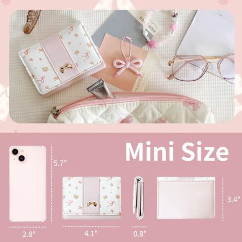 Image of Girls Wallet Cute Bow Coquette Floral Small Kawaii for Women Aesthetic ID Window for Ladies (Pink)