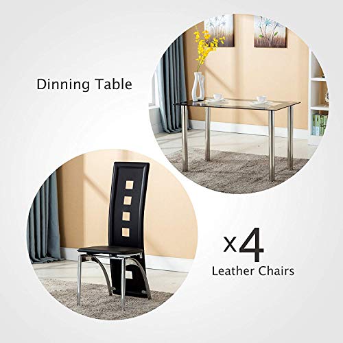 mecor Dining Room Table Set, 5 Piece Glass Kitchen Table and Leather Chairs Kitchen Furniture(Black)