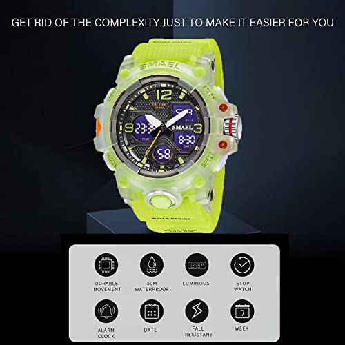 Hooshu Men's Watches Analog Dual Display Sports Outdoor Waterproof Military Wrist Watch Date Multi Function Tactics Led Alarm Stopwatch (Green) #TOP2