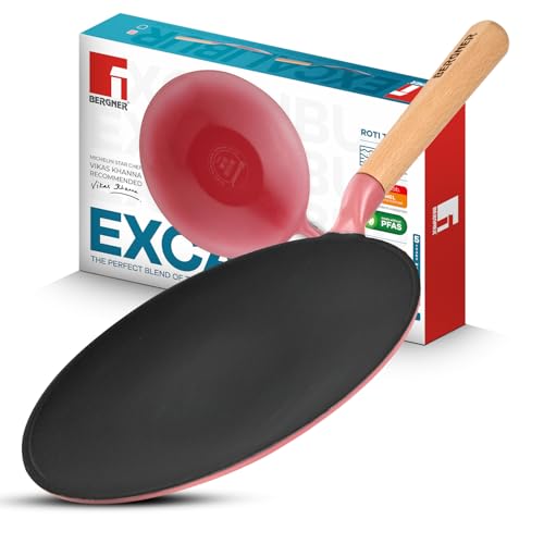 Image of BERGNER Excalibur Lightweight Cast Iron Roti Tawa 26cm, Sturdy Wooden Handle, Non-Stick Coating, PFAS Free, Perfect Heat Distribution, Elegant Design - Induction and Gas Stove Ready (Pink)