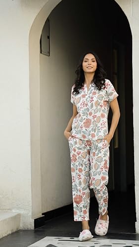 Image of SANSKRUTIHOMES Women's Premium 100% Cotton Printed Co-Ord Set | Short Sleeve Shirt & Pant Set | Pink Checkered Sun & Palm Tree Print | Casual Summer Resortwear, Vacation Wear & Comfortable Loungewear