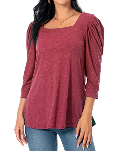 AxByCzD Puff Sleeve Tops for Women Square Neck Dressy Casual Spring Clothes 2024 Fashion Elegant Blouses Cute Loose Fit Hide Belly Shirts Red Large