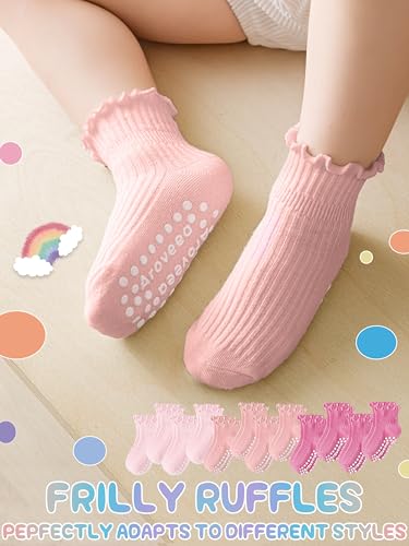 Image of Baby Toddler Girls Socks Grip Ruffle Non Slip Kids Cotton 12 Pack Socks | PREMIUM soft COTTON,full anti-slip grips,6month-7t grippy crew socks for girls,daily school all season wear,cute ruffle