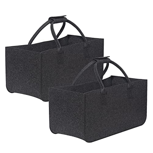 BOJLY Bolsa de Fieltro 2 Piezas, 31L Bolsa de Leña de Fieltro Cesta de Madera para Leña Bolsa de Compras Grande Plegable, 50*25*25cm Cesta de Fieltro Comprador de Fieltro, Cesta de la Compra, Negro