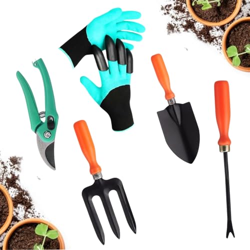 Image of Go Hooked 5 Pcs Gardening Tools Kit Fork, Transplanter, Weeder, Pruner Cutter, Graden Gloves Heavy Duty with Soft Grip Handles Garden Tools Set for Indoor Outdoor Plants, Balcony, Home Garden Use