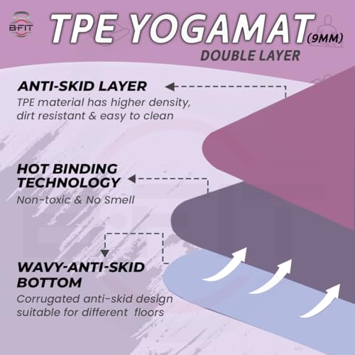 Image of B Fit Extra Wide 36x72 Inchs 9 MM Thick Original TPE Yoga Mat - Free Yoga Bag and Strap Included - With Alignment System, Non-slip, Eco-friendly, sweat-resistant (Dark Purple-Ligt Blue)