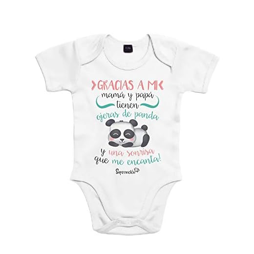 SUPERMOLON Body bebé algodón ojeras de panda 3 meses Blanco Manga corta