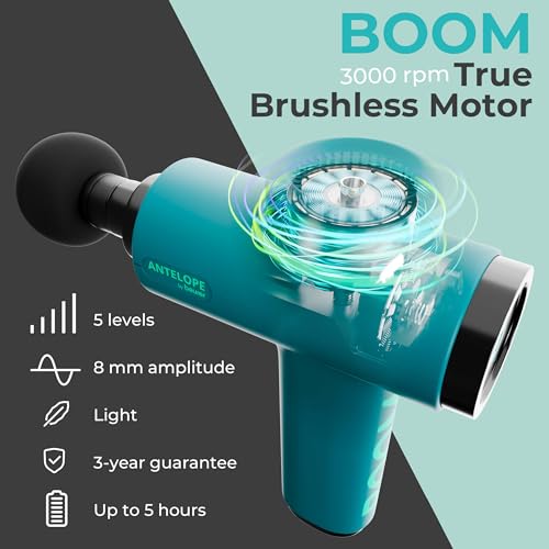 Beurer Antelope BOOM Massage Gun, compact with 4 attachments, for relaxation and regeneration, powerful trigger point massage, muscle massager with 5 intensity levels & rechargeable battery