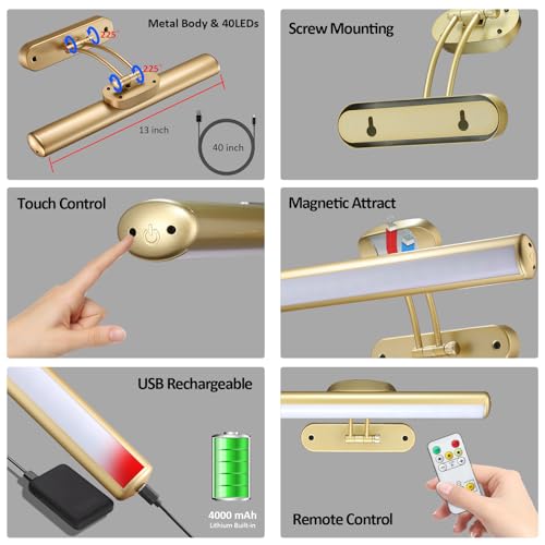 Image of MIOBLUE Rechargeable Picture Light with Remote, Wireless Battery Art Display Light with Remote Control, Dimmable /Timer Off Painting Light, 3 Lighting Modes Full Metal Dartboard Lights (Gold-1Pack)