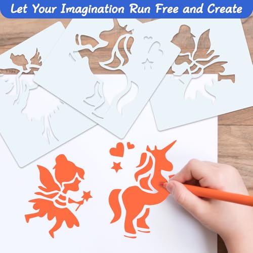 Yonality 8 stück schablonen malen für kinder, 15x15cm schablonen set mit feen, wiederverwendbar cartoon malschablonen aus kunststoff, für DIY handwerk scrabooking wanddekoration textilgestaltung