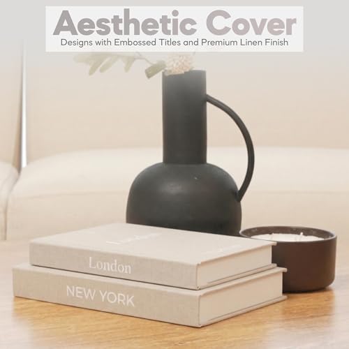 Image of Faux Book Storage Box Set of 2-Beige /Beige-Decorative Faux Books with Hidden Storage for Coffee Table Decor, Bookshelf or Mantle-Linen Decorative Boxes-Aesthetic Book Decor for Home