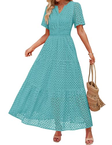 ZESICA Women's 2025 Summer Short Sleeve Maxi Dress Casual V Neck Hollow Out Eyelet Ruffle Swing A Line Long Dresses,Aqua,Small