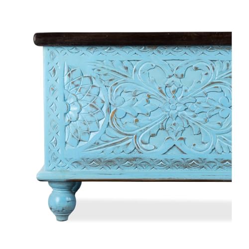 Image of Wifo Solid Wood Coffee Table for Living Room Wooden Trunk Box for Storage | Handcrafted Center Table for Living Room with Sandook Storage | Pitara for Bedroom (Blue Distress and Brown Top)