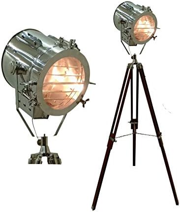 THOR INSTRUMENTS Marine Designer Chrome Spot Light with Natural Floor Tripod Lamp Stand Rustic Vintage Home Decor Gifts