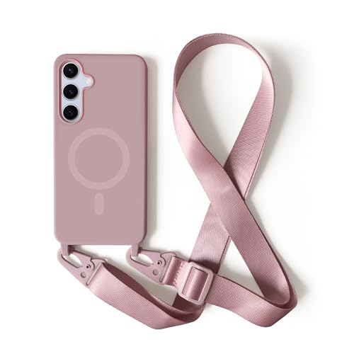 Jiyu Funda Magnética para Samsung Galaxy S24FE Silicona Carcasă con Cuerda Compatible con MagSafe Ajustable Colgante Collar Correa de Cuello Cadena Cordón Fundas Cover Case,RoseOro