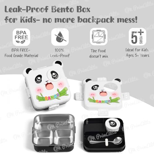 Image of Primalite Kids Panda Theme Stainless Steel Bento Lunch Box for School, 3-Compartment, Sauce Jar & a Spoon, Leak-Proof with Seal Ring Design & Multiple Lock-Design Tiffin, Air-Tight- 1100ML- White