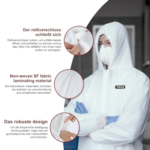 YIBER Einweg-Overall Schutzanzug | Ganzkörperschutzanzüge in 7 Größen mit verschiedenen Spezifikationen & strapazierfähigem PPSB-Material & PE-Folie | Sicher für unzählige Anwendungen