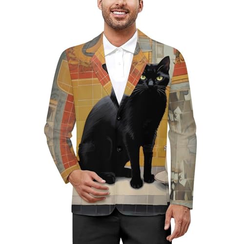 Black Cat Enjoy Coffee Men's Casual Blazers Slim Fit Sport Coats Blazer Two Buttons Suit Jacket for Work Party