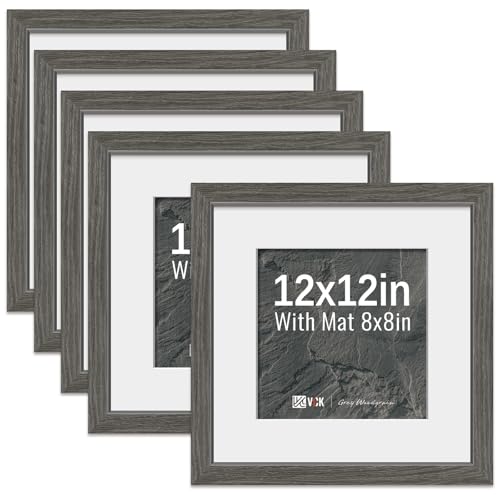 Image of VCK 12x12 Frame 5 Pack, Grey Wood, 8x8 Mat, Glass, for Picture Prints