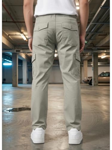 Image of Men's Cargo Trousers-100% Premium Cotton Regular Fit Lightweight Breathable Elastic Waist Multi-Pocket Casual Utility Pants