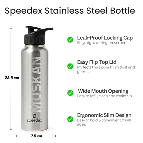 Image of Speedex Customised Stainless Steel Water Bottle 1 Ltr with Name - Personalised Engraved Sipper Cap Bottle for Kids, Men & Women, School, Gym, Office Silver, Set of 1